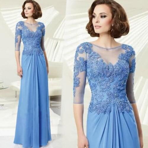 Gorgeous V Neck Blue Short Sleeves Chiffon Lace Applique Wedding Guest Dress Mother Of The Bride Dresses