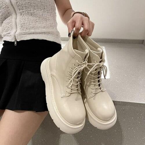 Women Boots Round Toe Thick Heel Solid Color Lace-up Martin Boots Pu Leather 2021 Fall Winter Womens Boots Single Shoes
