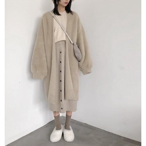 Long Faux Mink Fur Cardigans For Women 2021 Autumn Winter Bat Sleeve Loose Simple Thick Warm Sweater Coat Female Sueter Feminino