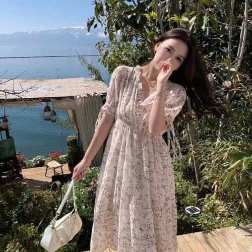 Summer 2021 Square Neck Loose Ruffle Print Robe Femme Ladies Green Dresses Square Collar Puff Sleeve Casual Women Clothes