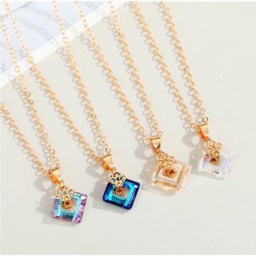 1PC Minimalist Hollow Square Crystal Pendant Necklace Shiny Transparent Geometric Bead Clavicle Chain Necklace Jewelry N209