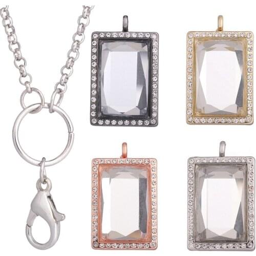 10pcs/lot Alloy rectangle Rhinestone Memory convex Glass Living Floating Locket for Floating charms Pendant Necklace Free Chains