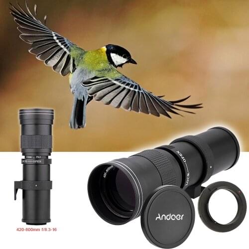 Andoer 420-800mm F/8.3-16 HD Super Telephoto Manual Zoom Lens with T-Mount T/T2 Adapter Ring for Nikon AI Mount DSLR Camera