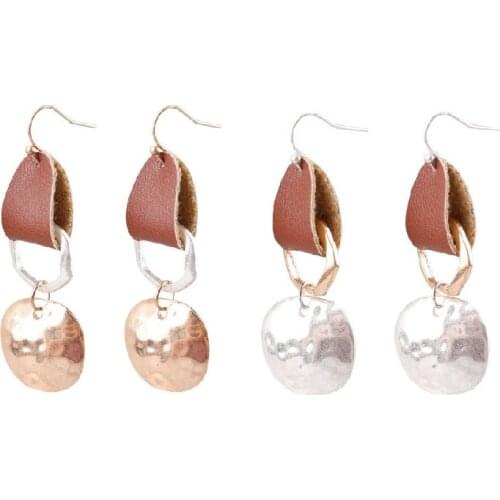 E7008 ZWPON New Arrival Leather Wrapped Hammered Disc Drop Earrings for Women Two Tone Hexagon Round Earrings Jewelry Wholesale