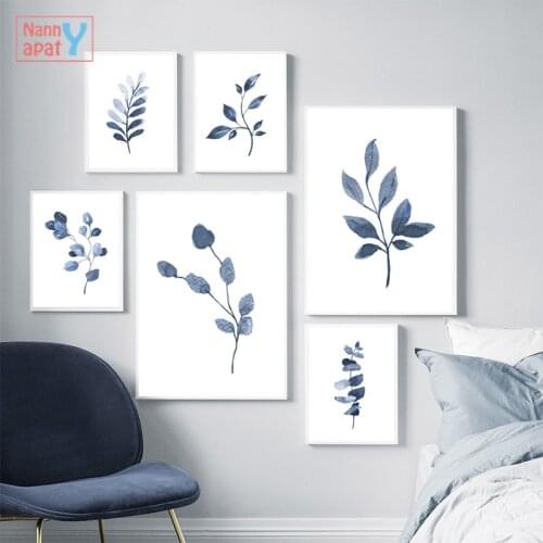 Branches and Leaves Canvas Painting Indigo Blue Botanical Posters and Prints Simple Wall Art Picture for Living Room Home Decor