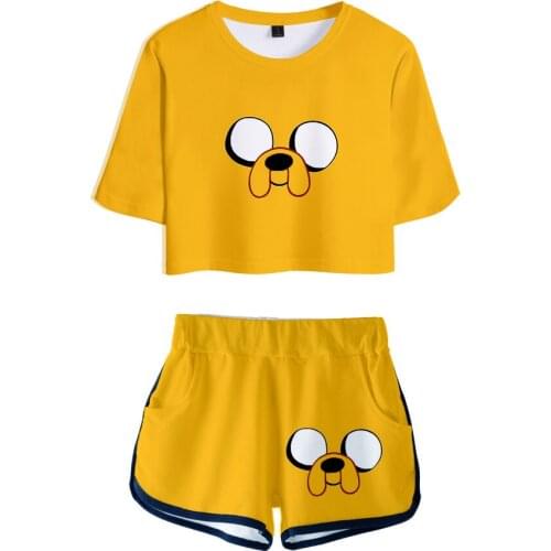 3D Adventure Time Finn And Jake The Dog Face Two Piece Set Summer Sexy Cotton T-shirt Woman Shorts Crop Top Fashion Tracksuit