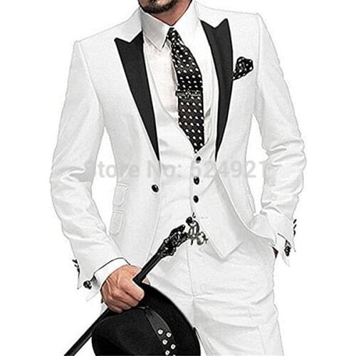 Custom Made Groomsmen White Groom Tuxedos Peak Black Lapel Men Suits Wedding Best Man Blazer ( Jacket+Pants+Vest +Tie) C293