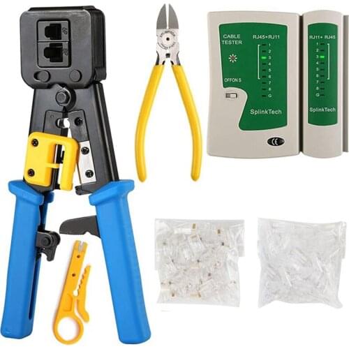 RJ45 Crimp Tool Kit Network Cable Tester Pass Through Cat6 Cable Tester and Crimper for RJ45/RJ12 Regular