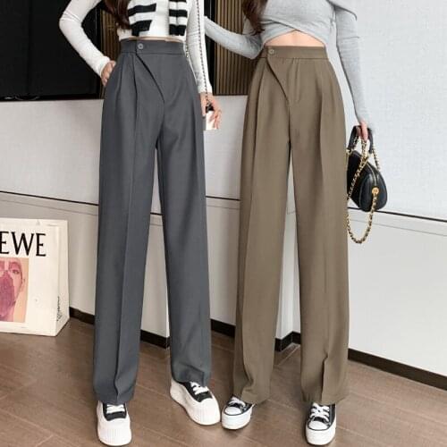 New Autumn 2021 Women Suit Pants Spring Office Lady Long Trousers Solid Color Elegant High Waist Straight Pants Female Pockets