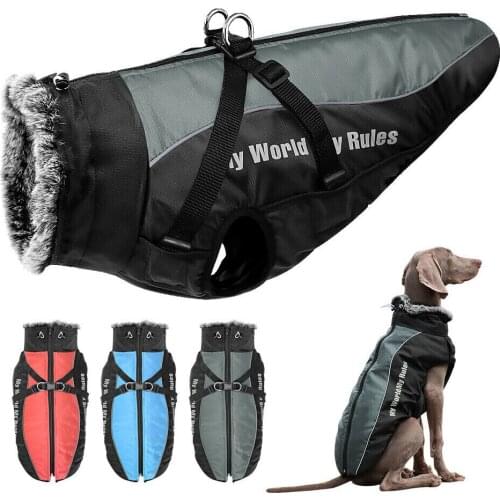 Dog Clothes Medium Large Dogs Fur Collar Waterproof Reflective Winter Cotton Padded Jacket Coat with Removable Harness Strape