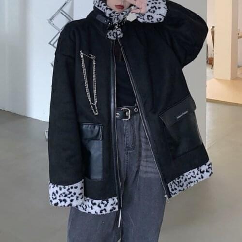 Winter Coat Women Two-sided Jacket Imitation Lamb Wool Leopard Print Spliced PU Pocket 2021 New Streetwear Loose Work Clothes
