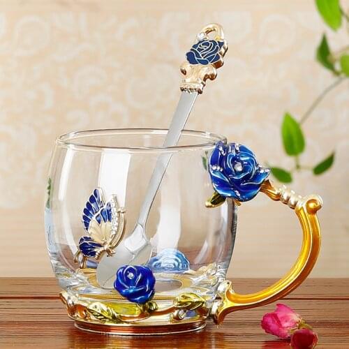 Luxurious Colour Enamel Lead Free Crystal Glass Heat-resistant Water Coffee Milk Cup Flower Tea Mug European Gift