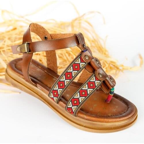 Genuine Leather Ethnic Patterned Girls Sandals