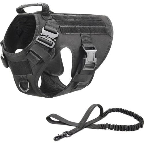RubRab Tactical Dog Harness Vest Military Working Training Molle Vest Metal Buckles Loop Panels for Dogs with Free Bungee Leash