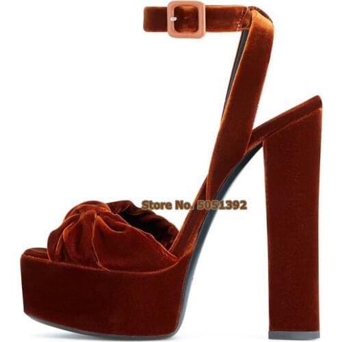 Women High Heel Bowtie Chunk Heel Sandals High Platform Suede Peep Toe Butterfly-knot Square Heel Buckle Party Banquet Shoes