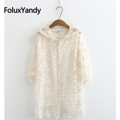 Lace Trench Coat for Women Thin Outerwear Plus Size XXXL 4XL Casual Loose Floral Transparent Summer Trench KKFY4536