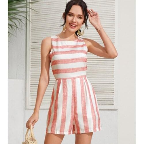 Striped Womens Cotton Linen Sets Sleeveless Crop Top Wide Straight Shorts Casual High Waist 2 Pies Playsuits Suits 2021