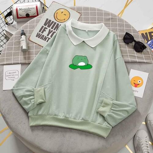 Green Tops Frog Print Oversized Sweatshirt Korean Fashion Long Sleeve Top Women Pullover Sweatshirt Loose Kawaii Anime Clothes