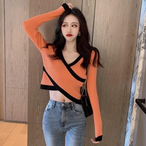 2020 Autumn Winter New Chic Women Pullovers Sweaters Korean Long Sleeve Knit Crop Sweater Vintage Office Lady Mujer Tops AA5475