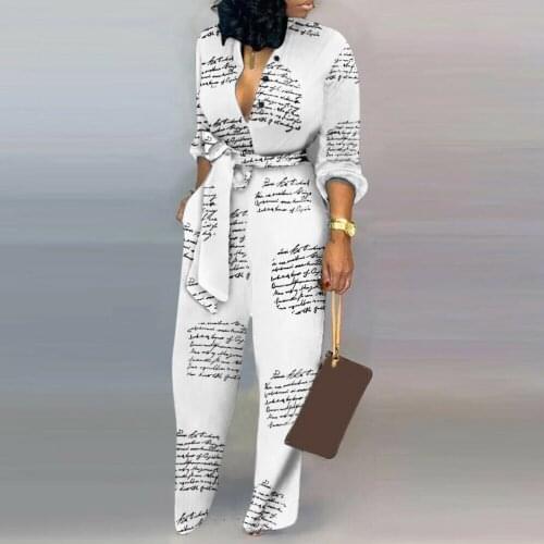 Letter Printed Overalls For Women Long Sleeves Casual Pocket Romper Button Long Playsuit Vintage Loose Bandage Jumpsuit