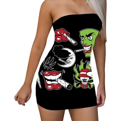Summer WomenBudd Party - Fun 420 - Get lit Sublimation Printing Bodycon Sundress Strapless Stretchy Sexy Off Shoulder Tube Dress