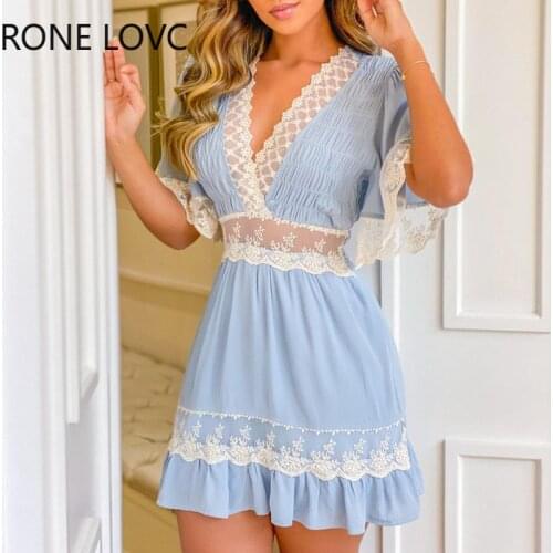 Women Ruffles Crochet Lace Patch Shirring Detail Casual Dress Summer Sweet Mini Dress