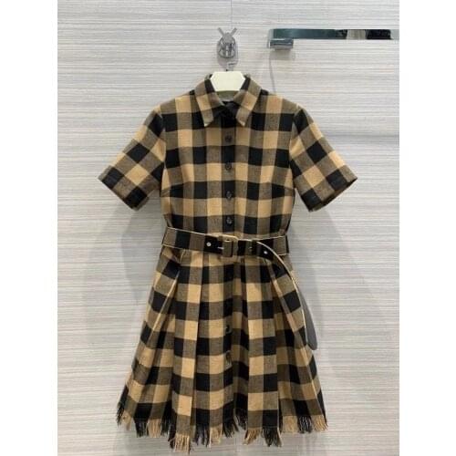 Womens High-end Quality Wool pliad 2021 Autumn Designer women Short sleeve 100% Silk lining belt tassels dress C394