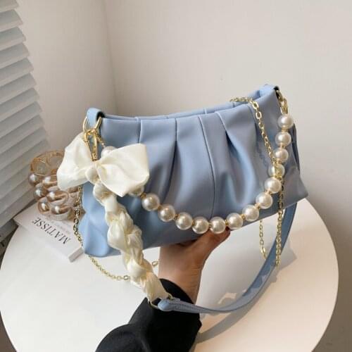 2021 Small PU Leather Underarm Shoulder Crossbody Bag with Short Beading Handle Female Trendy Handbag Luxury Party Chain Totes