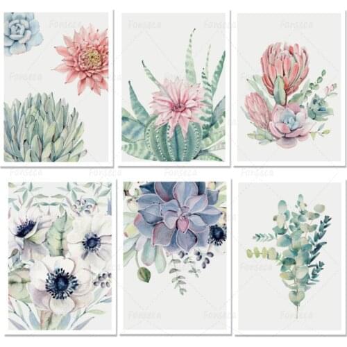 Watercolour Plants Canvas Painting Nordic Succulents Leaf Cactus Flowers Poster Wall Art Pictures For Living Room Unframed