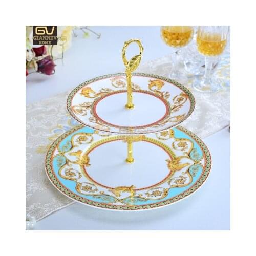 European Cypress Bone China Double Decker Plates Cake Fruit Snack Plate Bernard English Afternoon Tea Ceramic Tray Creative Gift