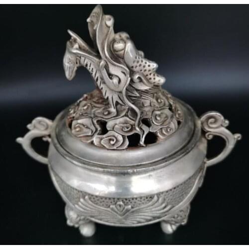 China White copper dragon head Incense burner crafts statue