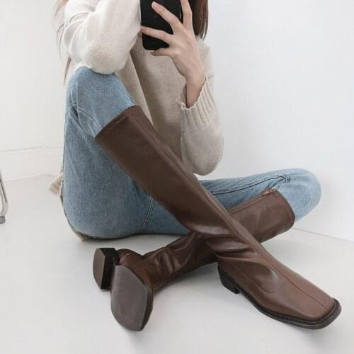 British Style Leather Zipper Boots Square Head Chunky Heel High Heels Side Zipper 2020 Winter Boots Woman Size 33-42