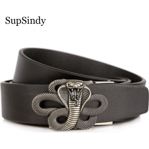 SupSindy Men Leather Belt vintage Cobra Metal Automatic Buckle Black Genuine Leather Belts for Men Cowhide Waistband male strap