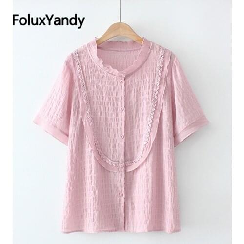 Ruffles V-neck Shirt Women Summer Shirts Plus Size Casual Lace Short Sleeve Blouse Pink Black White XXXL 4XL KKFY5530