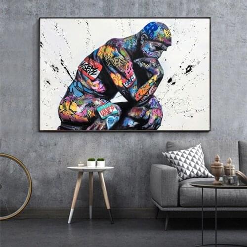 Thinker Man Graffiti Art Paintings on the Wall Art Posters and Prints Portrait of Think Canvas Pictures For Living Room Cuadros