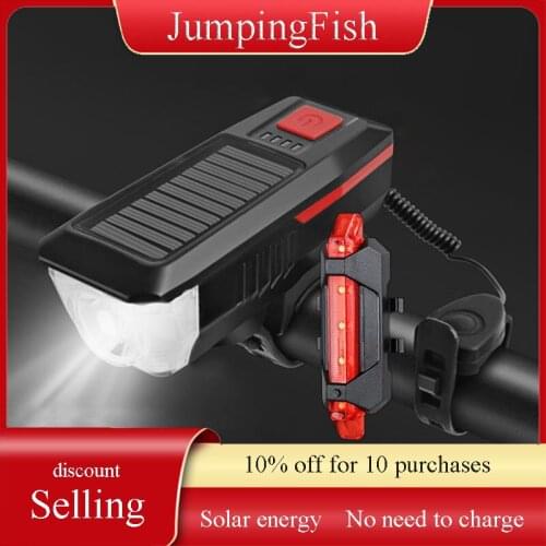 Bike accessories Solar Powered USB Rechargeable LED Bicycle Headlight Bike Head Light Lamp + Horn Light Bicycle Flashlight2021