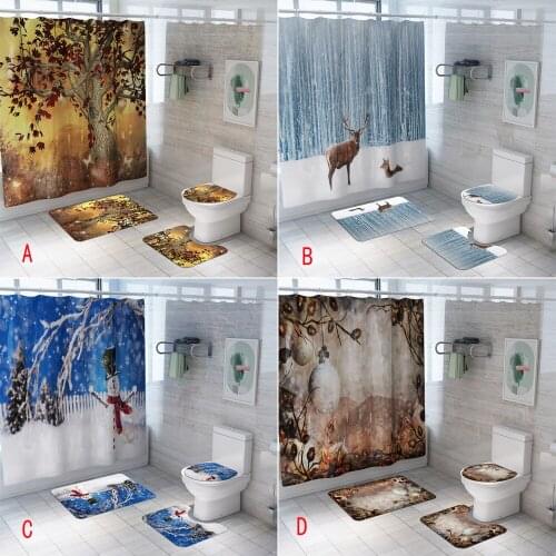 Waterproof Christmas Shower Curtain and Toilet Seat Cover Mat Non Slip Rug Snowman Elk Pattern Bathroom Set Home Decor