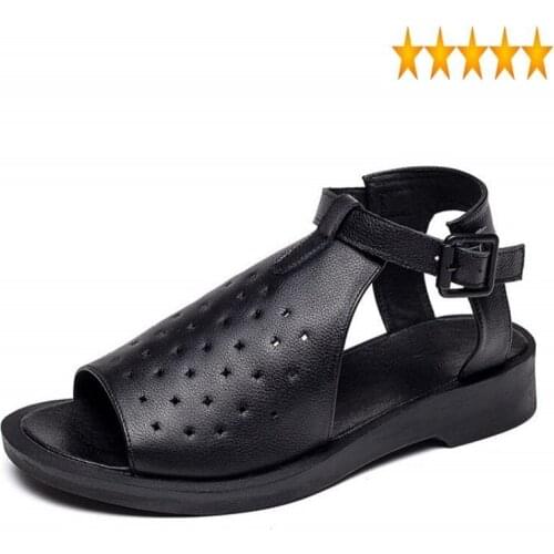Leather High Quality Black Women Comfortable Summer Casual Flat Sandals Buckle Hollow Out Peep Toe Shoes Plus Size 42