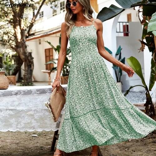 GypsyLady Vintage Floral Strappy Dress Printed Summer Holiday Maxi Dresses for Women Ruffles Sexy Chic Ladies Female Dresses