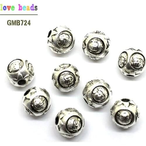 10pcs 10mm Buddha Head Around Ball Metal Antique Tibetan Silver Color Spacer Beads Findings Jewelry Making DIY (W03537)