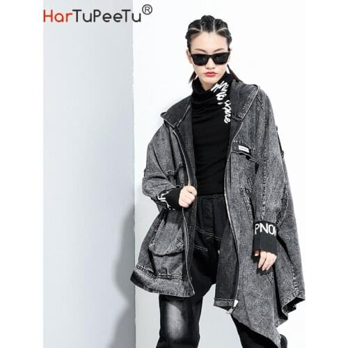 2021 Autumn Women Long Denim Jacket Loose Batwing Sleeve Irregular Vintage Jean Trench Coat Patchwork Zipper Hooded Windbreaker