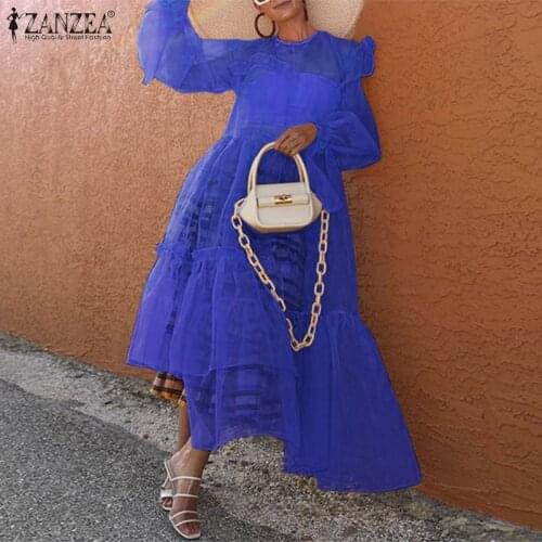 Oversized Fashion Womens Ruffle Patchwork Dress 2021 ZANZEA Asymmtrical See-through Maxi Dresses Casual Solid Loose Button Robe
