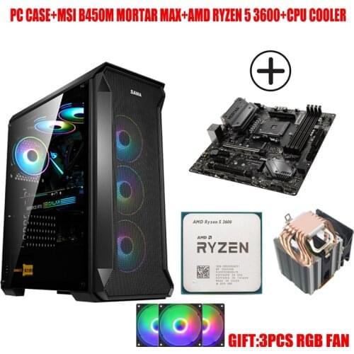 PC Case+AMD Ryzen 5 3600 CPU+MSI B450M Mortar Max Motherboard+6 Copper Tube CPU Radiator Set with 3PCS RGB Case Fan