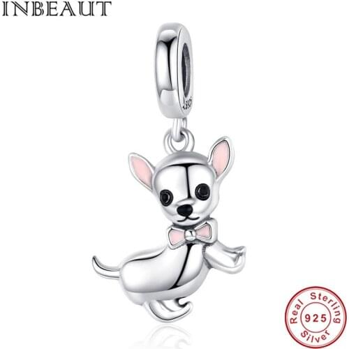INBEAUT 100% Real 925 Sterling Silver Pink Bowknot Dog Charms fit Brand Bracelet Enamel Jumping Puppy Beads for DIY Jewelry