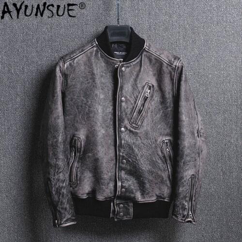 AYUNSUE Mens Leather Jacket Vintage Sheepskin Coat Genuine Leather Bomber Jacket Spring Real Leather Jackets for Men 18M-4 KJ