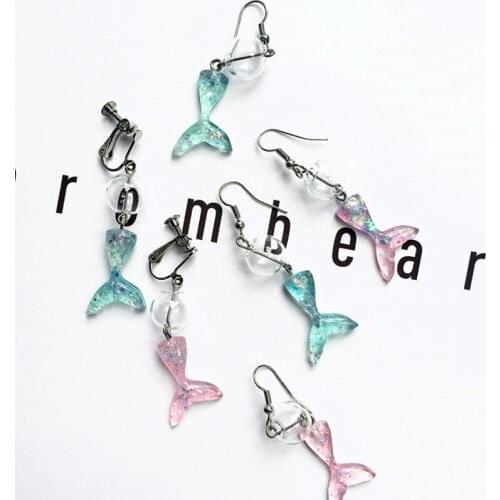 Sweet Mermaid Tail Dangle Earrings For Women Girls Vintage Cute Fashion Transparent Glass Drop Earrings Jewelry New