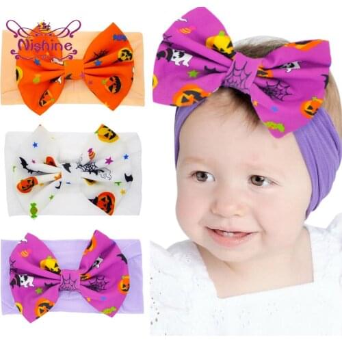 Nishine Fashion Cartoon Pattern Bowknot Infant Elastic Headband Comfortable Nylon Hairband Print Headwear Halloween Decoration