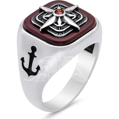 Silver Men Ring with Red Agate Gemstone and Anchor Figure and North Star Motif