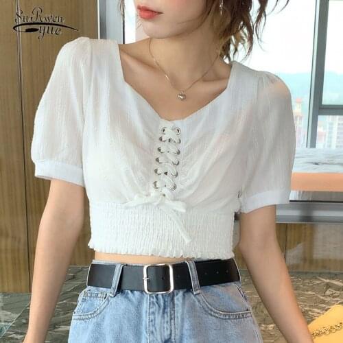 Solid Short Sleeve Women Tops Blusas Mujer De Moda 2020 Summer White Shirts Korean Puff Sleeve Woemn Blouses Blusas 10155