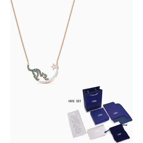 SWA Necklace Accessories CATTITUDE Necklace Rose Gold Cute Delicate Cat Moon And Star Shape Ladies Jewelry Gift Free Shipping